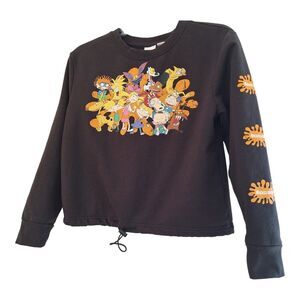 Nickelodeon Rugrats Cropped Crew Neck Sweatshirt Toggle Cinched Waist Black XS